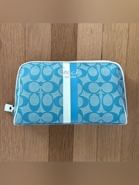 Vintage Coach Signature Makeup Bag Blue Cream CC Monogram Y2K 10” Pouch Rare